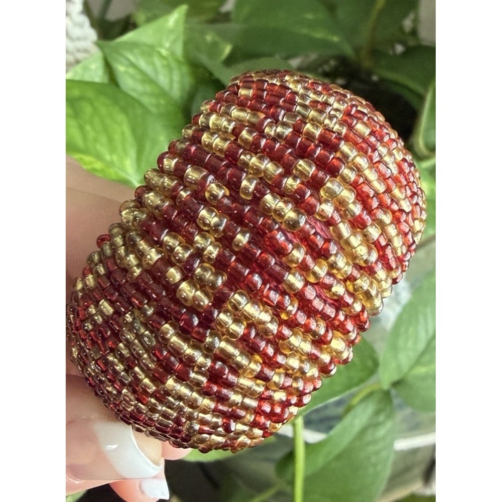 Sparkling Burgundy Red Gold Seed Beaded Napkin Rings Set of 12 Holiday Christmas